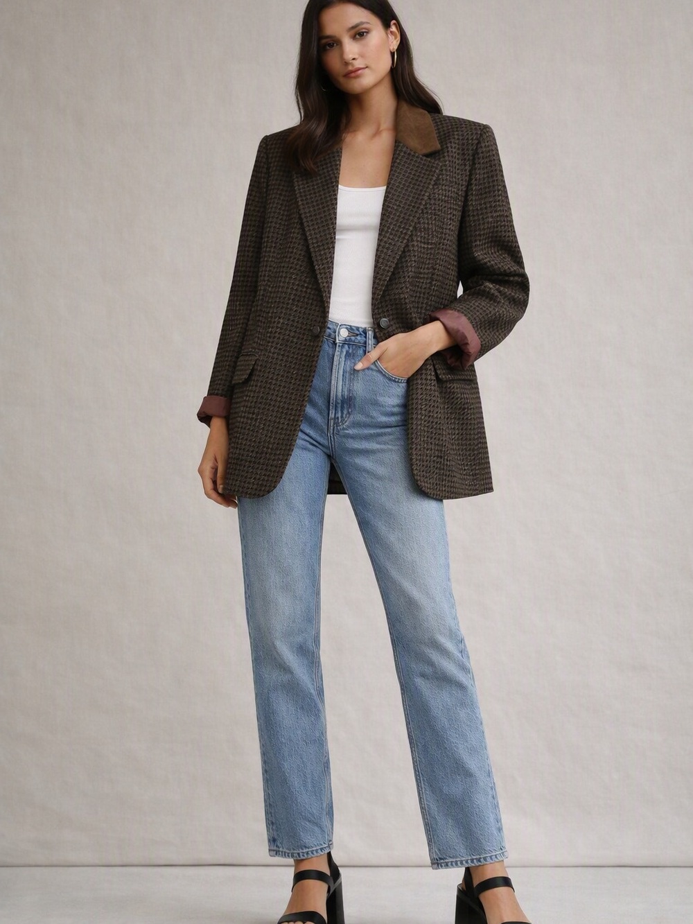 Vintage The Limited Wool Herringbone Coat/Blazer with Brown Corduroy Collar